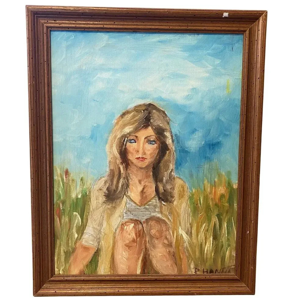 Female Portret Original Oil painting Beauty Girl Expressive Signed Framed VTG